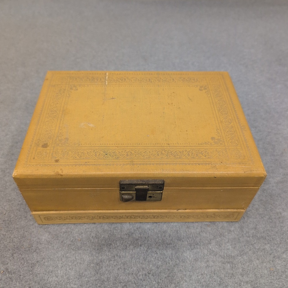 Vintage Tan Faux Leather Jewelry Box Teal Velvet Lining Multi Tier Drawer Latch - Picture 2 of 10
